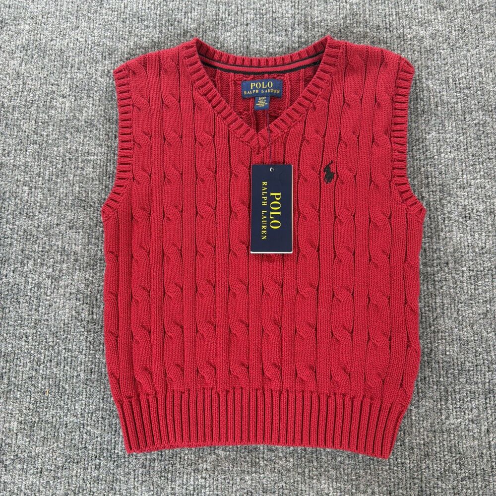 Polo Ralph Lauren Sweater Vest Kids Red Cable Knit Preppy 3T NWT